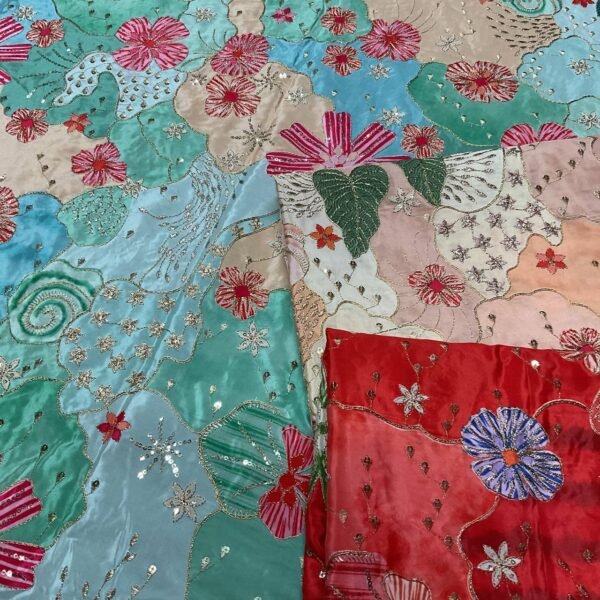 Floral Embroidered Red Designer Fabric Material