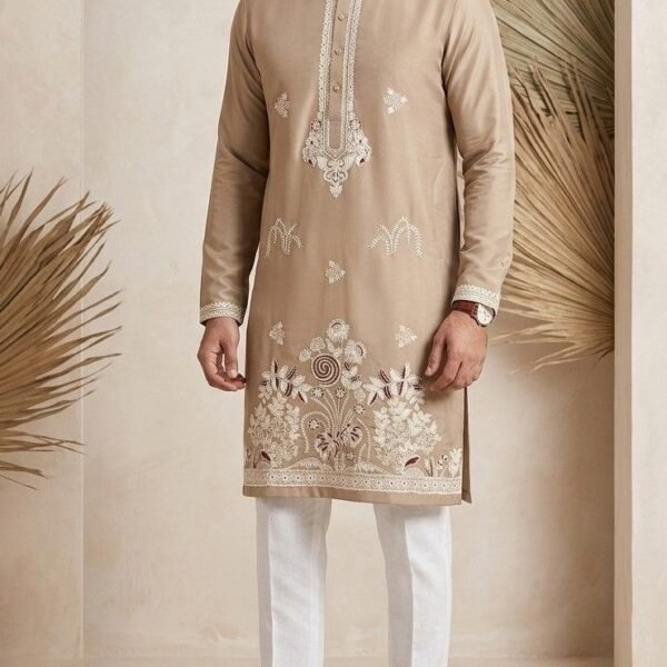 Beige Embroidered Men's Kurta Material