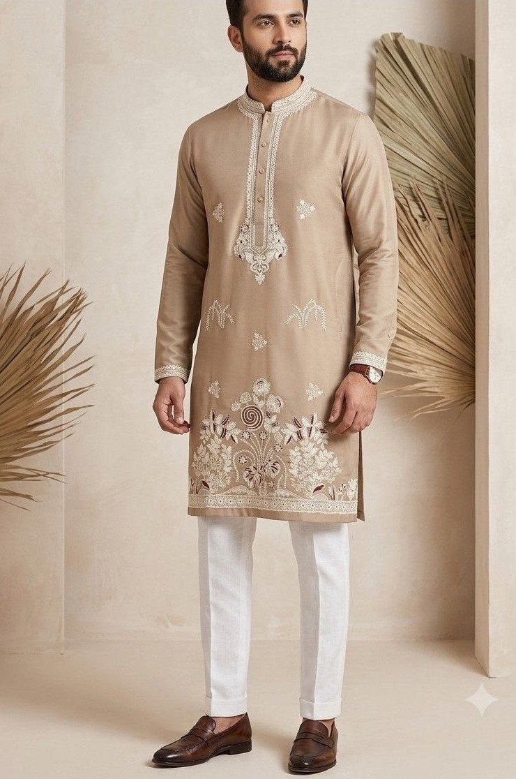 Beige Embroidered Men’s Kurta Material