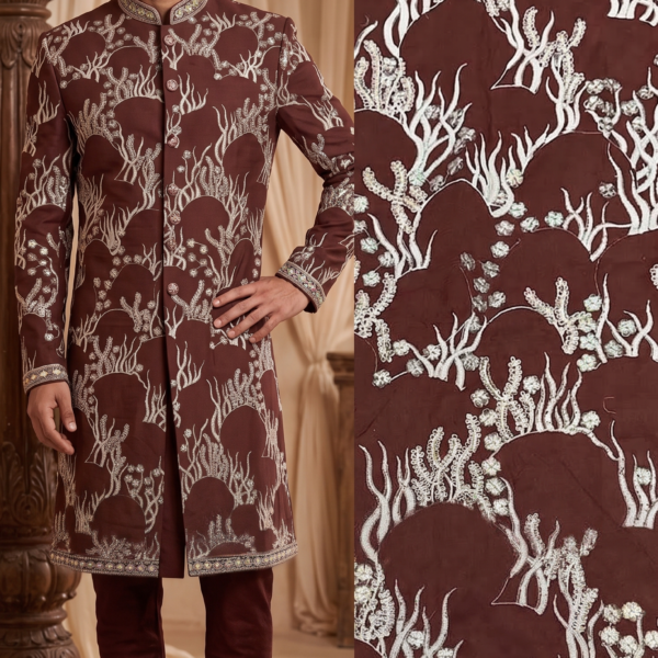 Heavy Brown Embroidered Sherwani Fabric