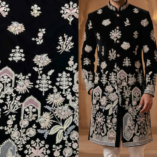 Black Embroidered Sherwani Fabric