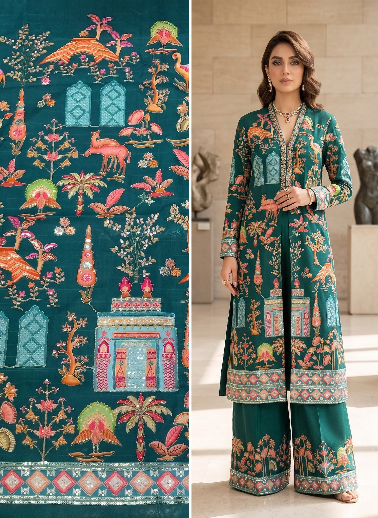 Teal Floral Embroidered Designer Fabric