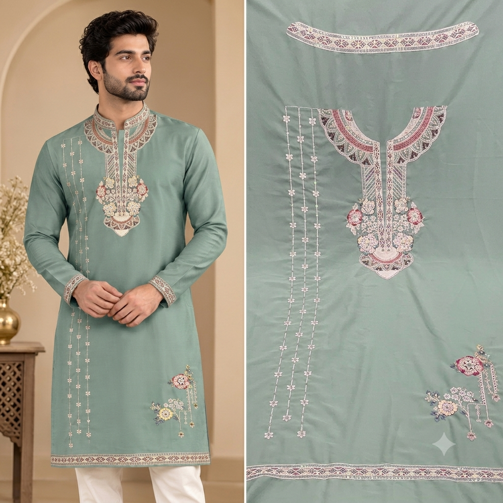 Mens Light Green Kurta 3 Mens Light Green Kurta - Image 3