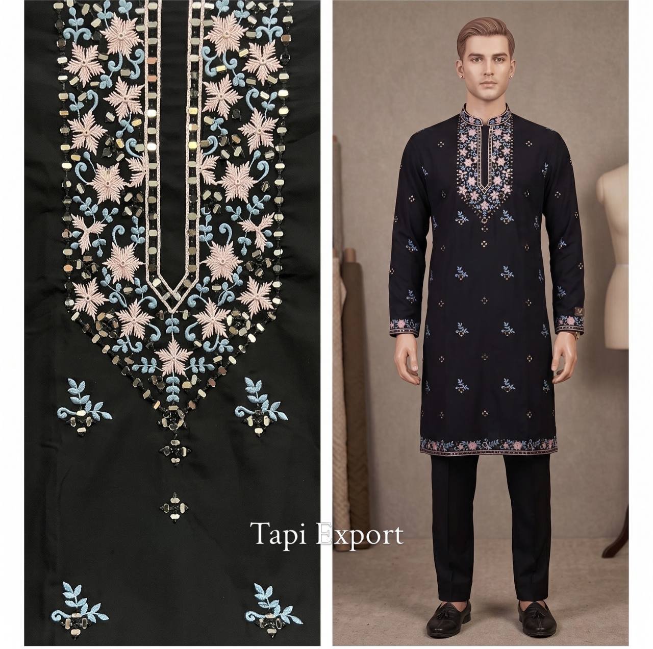 Embroidered Mirror Work Black Men's Kurta 2 Embroidered Mirror Work Black Men's Kurta - Image 2