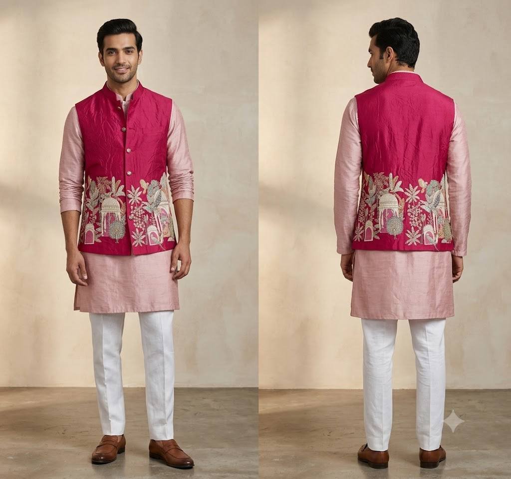 Embroidered Pink Nehru Jacket Sets 1 Embroidered Pink Nehru Jacket Sets